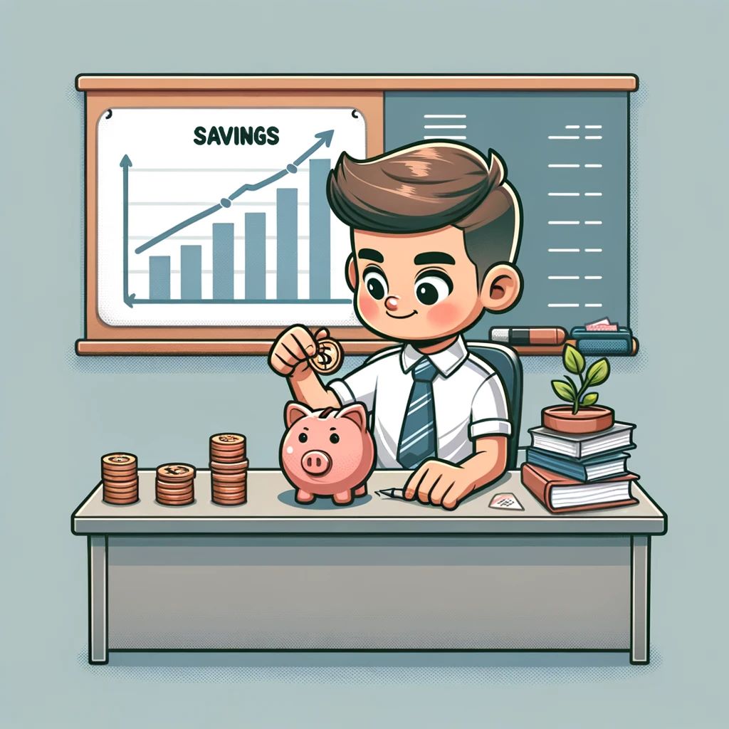 DALLE 2024 01 26 13.02.50 A cartoon image depicting a disciplined high school student at a financial planning desk. The student is placing coins into a piggy bank with a chart