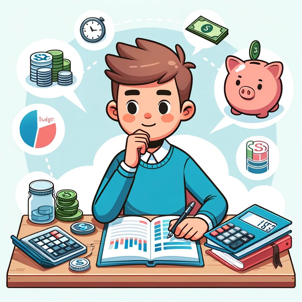 DALLE 2024 01 26 13.06.15 A cartoon image of a high school student at a desk surrounded by financial tools like a calculator budget book and a savings jar. The student is tho